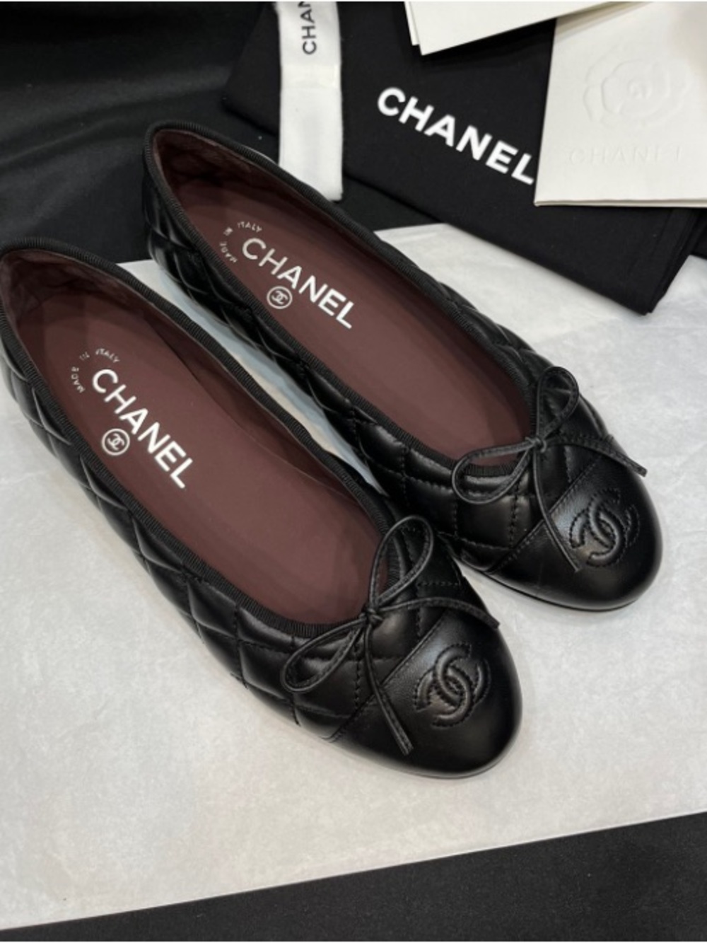 CHANEL Black Quilted Leather BowBallet Flats